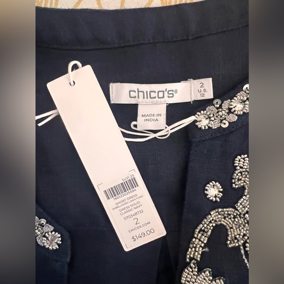 Chico’s NWT Linen Embellished Navy 3/4 Sleeve Navy Tunic Dress Size 12 - Picture 9 of 11